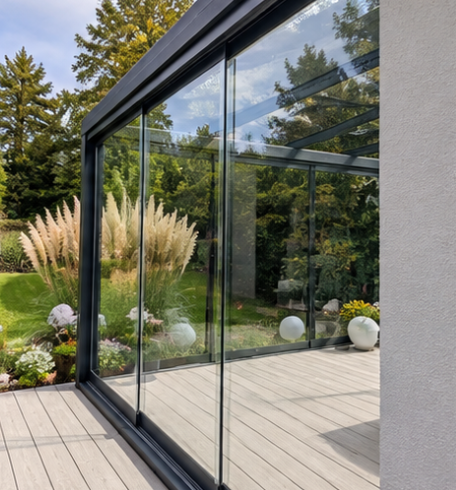 Glasfront einer Terrasse mit Blick in den Garten